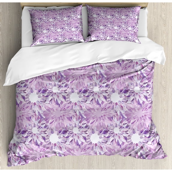 Mauve Duvet Cover Set, Digital Guiloche Fractal Crystal Floral Ornamental Retro Design, Decorative 3 Piece Bedding Set with 2 Pillow Shams, Calking Size, Lilac and Lavender, by Ambesonne