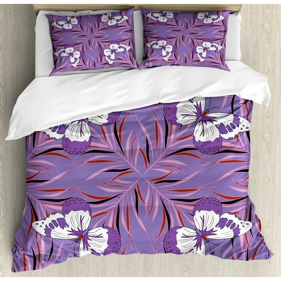 Mauve Duvet Cover Set, Exquisite Butterfly Animal with Wings Illustration Print, Decorative 3 Piece Bedding Set with 2 Pillow Shams, King Size, Lavender and White, by Ambesonne