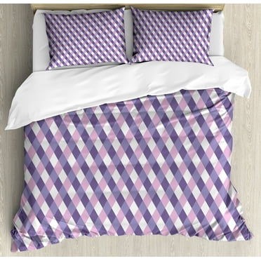 Mauve Duvet Cover Set, Geometric Crossed Pattern with Mirroring Mosaic Rhombus Diamond Stripe Shapes Print, Decorative 3 Piece Bedding Set with 2 Pillow Shams, Calking Size, Mauve Lilac, by Ambesonne