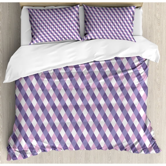 Mauve Duvet Cover Set, Geometric Crossed Pattern with Mirroring Mosaic Rhombus Diamond Stripe Shapes Print, Decorative 3 Piece Bedding Set with 2 Pillow Shams, King Size, Mauve Lilac, by Ambesonne
