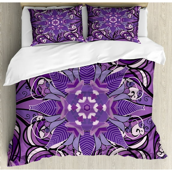 Mauve Duvet Cover Set King Size, Vintage Oriental Mandala Figure with White Blosssoms Artistic Ornate Motif, Decorative 3 Piece Bedding Set with 2 Pillow Shams, Lavender Violet White, by Ambesonne