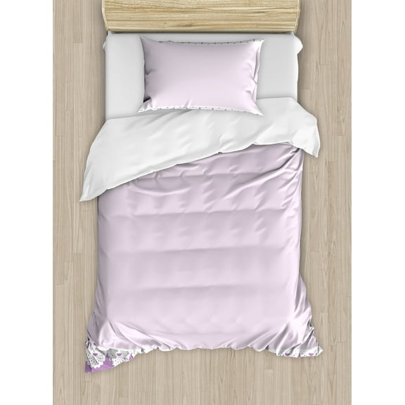 Mauve Duvet Cover Set, Old Fashioned Ornate Lace Pattern with Classical Polka Dots Background Image, Decorative 2 Piece Bedding Set with 1 Pillow Shams, Twin Size, Lavender Lilac, by Ambesonne
