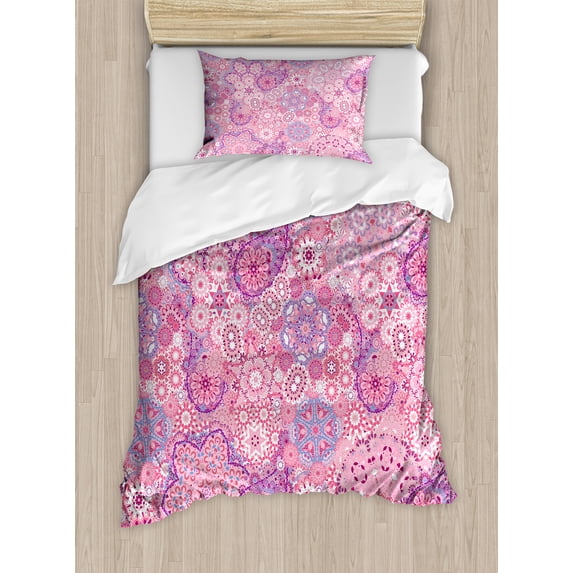 Mauve Duvet Cover Set, Orient Bohemian Paisley Pattern Floral Folkloric Design, Decorative 2 Piece Bedding Set with 1 Pillow Shams, Twin Size, Dried Rose Pink, by Ambesonne