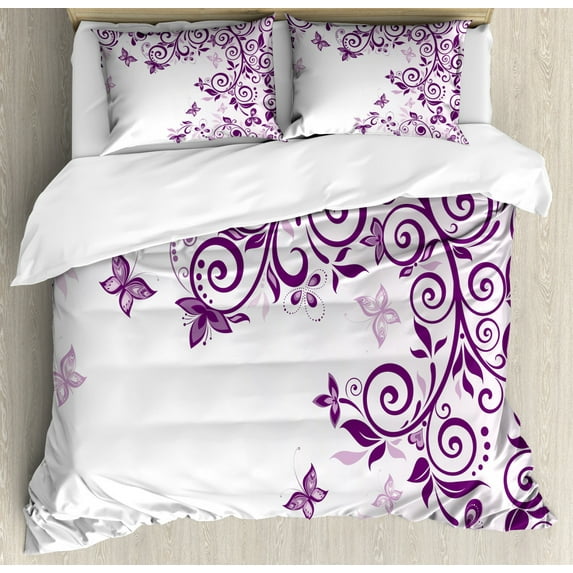 Mauve Duvet Cover Set, Classic Twiggy French Styled Lilium Floral Branch Swirls Design Art Print, Decorative 3 Piece Bedding Set with 2 Pillow Shams, Queen Size, Violet, by Ambesonne