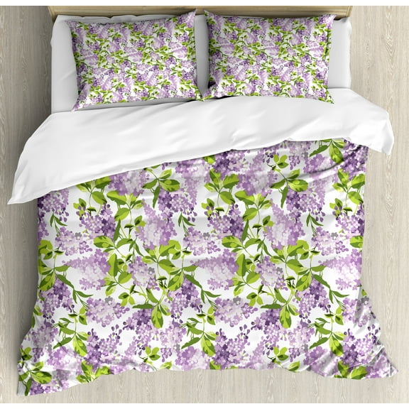 Mauve Duvet Cover Set, Spring Tree with Vibrant Blossoms Frangrance Botany Plant Eco Illustration Print, Decorative 3 Piece Bedding Set with 2 Pillow Shams, King Size, Lilac Green, by Ambesonne