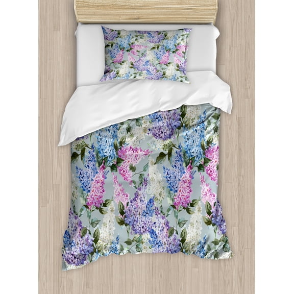 Mauve Duvet Cover Set, Various Mix Hyacinth Garden with Flowers and Leaf Branches Summer Botanic Plants, Decorative 2 Piece Bedding Set with 1 Pillow Shams, Twin Size, Lilac Fuchsia, by Ambesonne