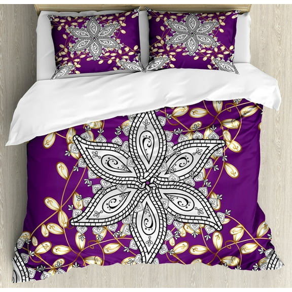 Mauve Duvet Cover Set, Vintage Oriental Display Moroccan Middle East Floral Petals with Details Art, Decorative 3 Piece Bedding Set with 2 Pillow Shams, Queen Size, Earth Yellow Purple, by Ambesonne