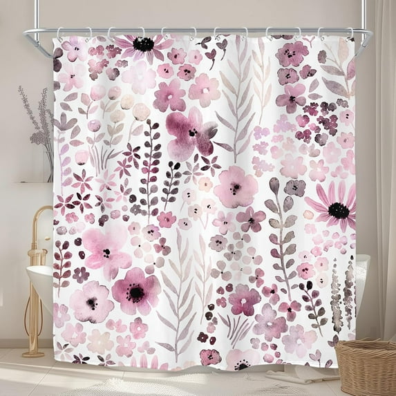 Mauve Floral Shower Curtain for Bathroom Decor 72Wx72H Purple Wildflower Watercolor Boho Flower Leaves Botanical Modern Elegant Art Printed Fabric Polyester Waterproof 12 Pack Plastic Hooks