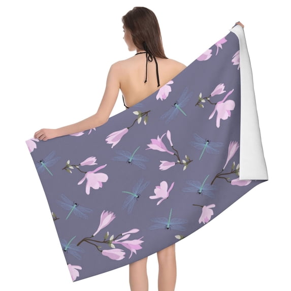 Mauve Flower Dragonfly Bath Towels, Microfiber Towel for Bathroom, Highly Absorbent Shower Towels, Quick Dry Large Towel, Yoga Sports Beach SPA Hotel Towel 32x52 Inch