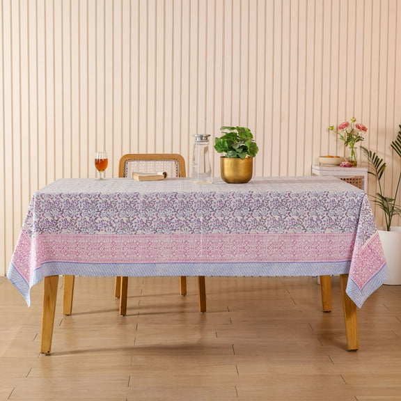 Mauve Orchid Floral Cotton Tablecloth for Dining Table – Handmade Sanganeri Block Print Table Cover, Machine Washable, Easy to Wash (72x135 Inches)