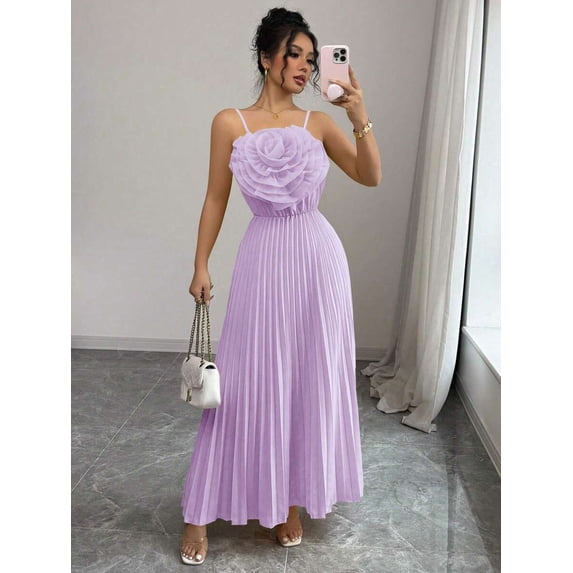 Mauve Purple Floral Embellished Waist Pleated A-Line Maxi Dress For Women, Elegant Party & Daily Wear