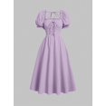thumbnail image 1 of Mauve Purple Lace-Up Front Puff Sleeve Square Neck Midi Dress, 1 of 4