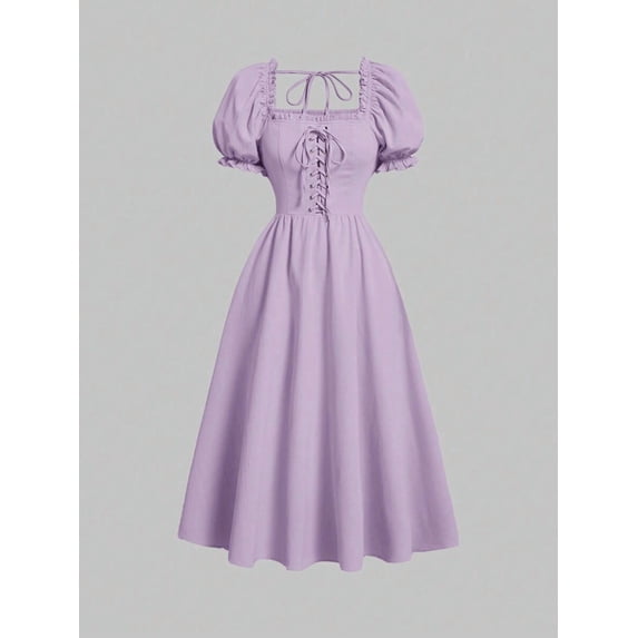 Mauve Purple Lace-Up Front Puff Sleeve Square Neck Midi Dress