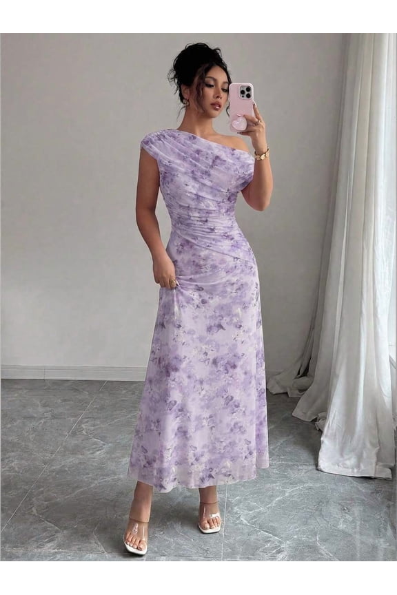 Mauve Purple One-Shoulder Ruched Asymmetrical Maxi Dress For Women