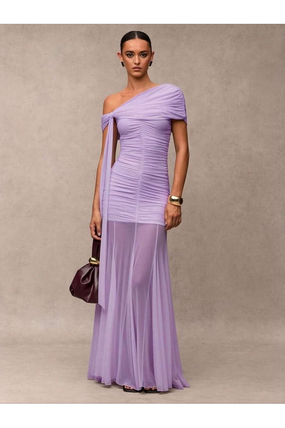 Mauve Purple One-Shoulder Ruched Maxi Evening Gown Formal Dress