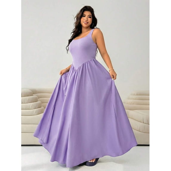 Mauve Purple Plus Size Sleeveless Square Neck A-Line Maxi Dress For Women Summer Long Flowy Dress