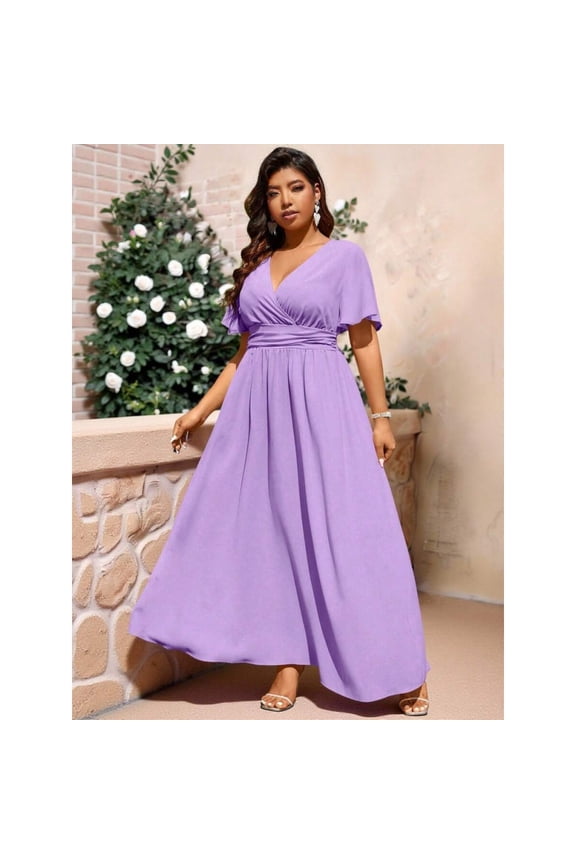 Mauve Purple Plus Size Wrap V-Neck Maxi Dress With Short Flutter Sleeves And Cinched Waist