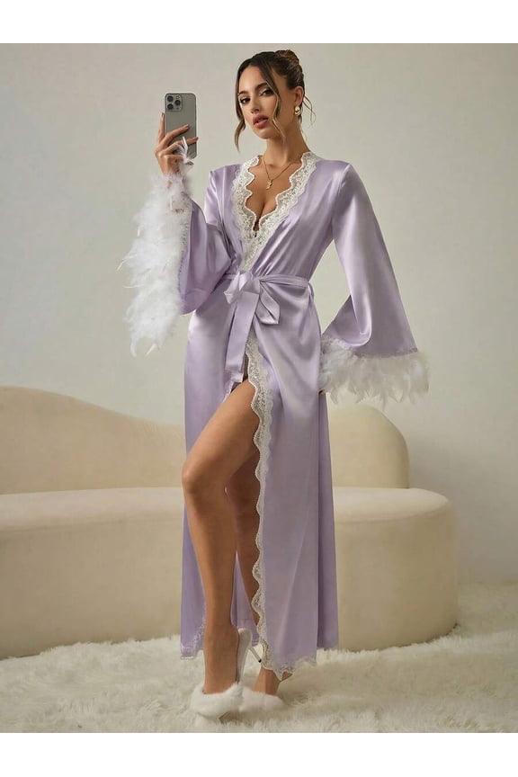 Mauve Purple Satin Boudoir Robe With Lace Trim, Feather Cuffs & Sash Tie