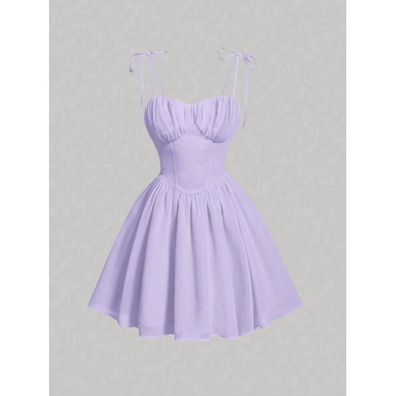 Mauve Purple Solid Knot Shoulder Ruched Bust Milkmaid Cami Dress, A-Line Mini Dress For Women