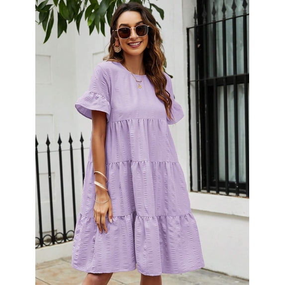 Mauve Purple Tiered Flounce Sleeve Smock Dress With Ruffled Hem