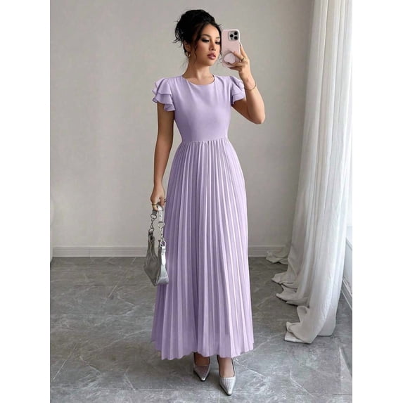 Mauve Purple Women Ruffle Sleeve Pleated Maxi Dress With Scoop Neck And Relaxed Fit