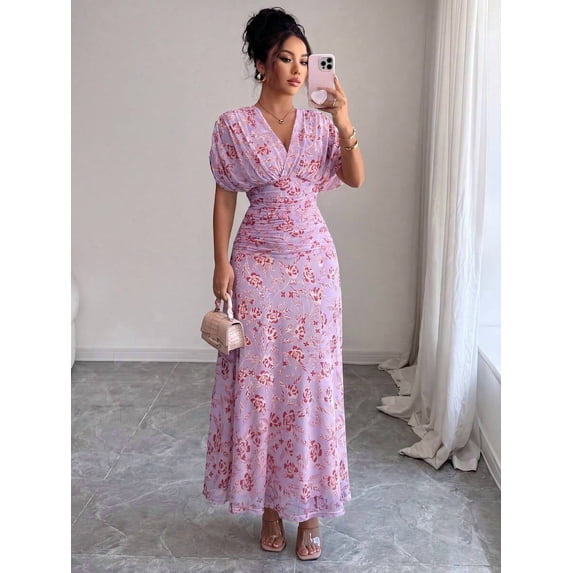 Mauve Purple Womens V-Neck Off-Shoulder Puff Sleeve Ruched Waist A-Line Floral Maxi Dress