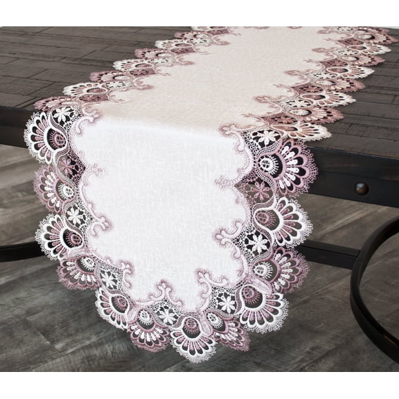 Mauve Rose Jacquard Peacock Tail European Lace Table Runner (16"x54")