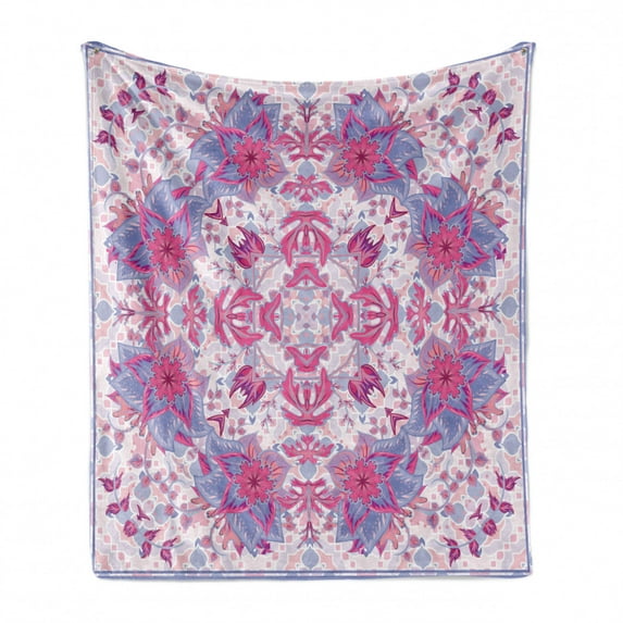 Mauve Soft Flannel Fleece Throw Blanket, Boho Middle Eastern Persian Floral Oriental Old Design, Cozy Plush for Indoor and Outdoor Use, 60" x 80", Pink and Pale Blue, by Ambesonne