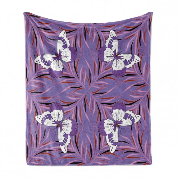 Mauve Soft Flannel Fleece Throw Blanket, Exquisite Butterfly Animal with Wings Fairy Illustration Print, Cozy Plush for Indoor and Outdoor Use, 70" x 90", Lavender and White, by Ambesonne