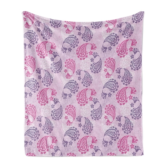 Mauve Soft Flannel Fleece Throw Blanket, Traditional Turkish Style Paisley with Effects Vintage Print, Cozy Plush for Indoor and Outdoor Use, 50" x 60", Fuchsia Lilac, by Ambesonne