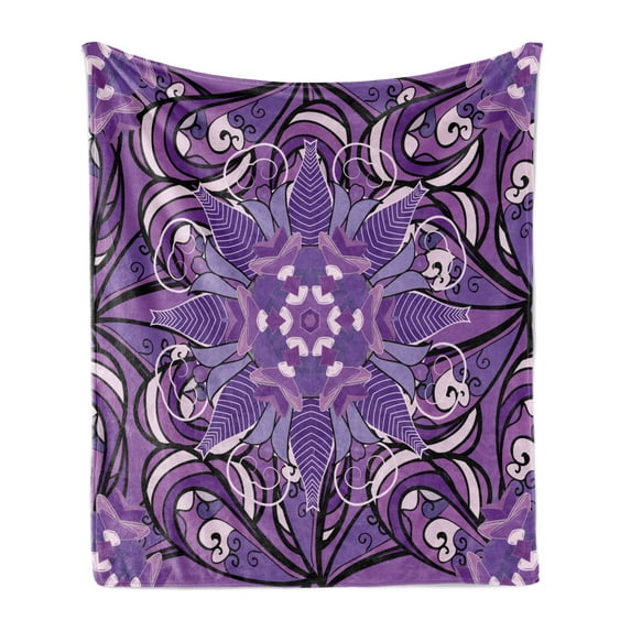 Mauve Soft Flannel Fleece Throw Blanket, Vintage Oriental Mandala White Blosssoms Ornate Motif Print, Cozy Plush for Indoor and Outdoor Use, 50" x 60", Lavender Violet White, by Ambesonne