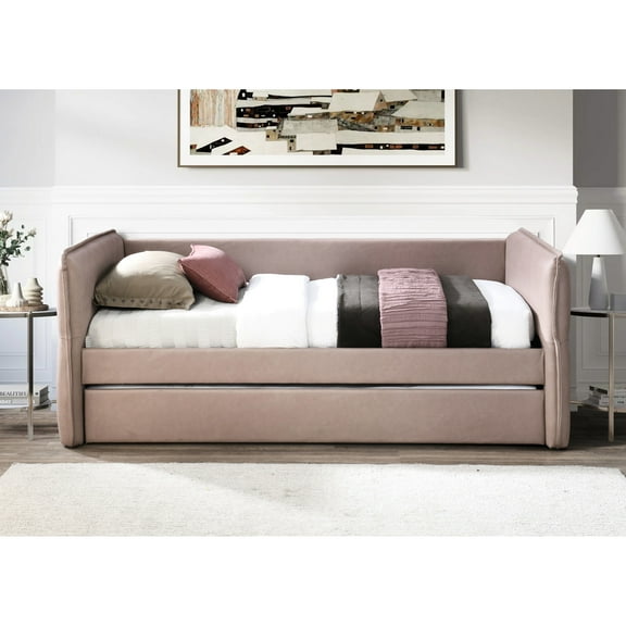 Mauve Upholstered Daybed With Trundle, Twin Over Twin, , Easy To Manage, Dusty Rose Look 100% Fabric, Maintain Style, Mauve, 45in Depth, 86in Width, 34in Height, 105lb Weight