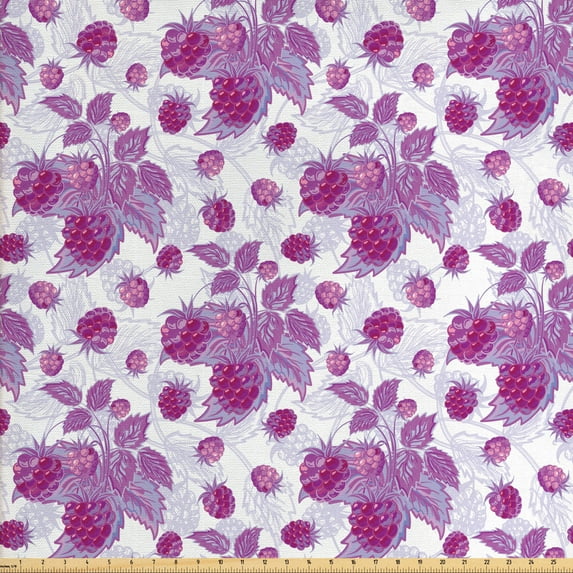 Ambesonne Nature Fabric by the Yard Upholstery, Vivid Rasberries Branch, 2 Yards, Violet and Purple