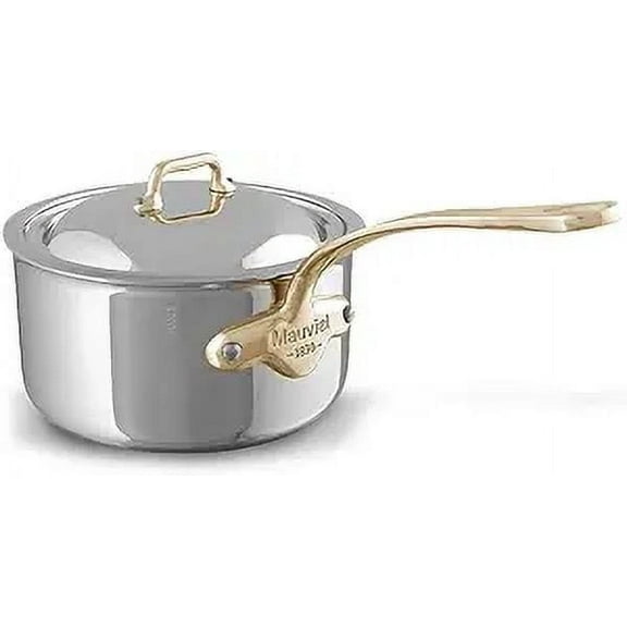 Mauviel M'Cook B 5-Ply Stainless Steel Sauce Pan With Lid and Brass Handle, 1.8-qt