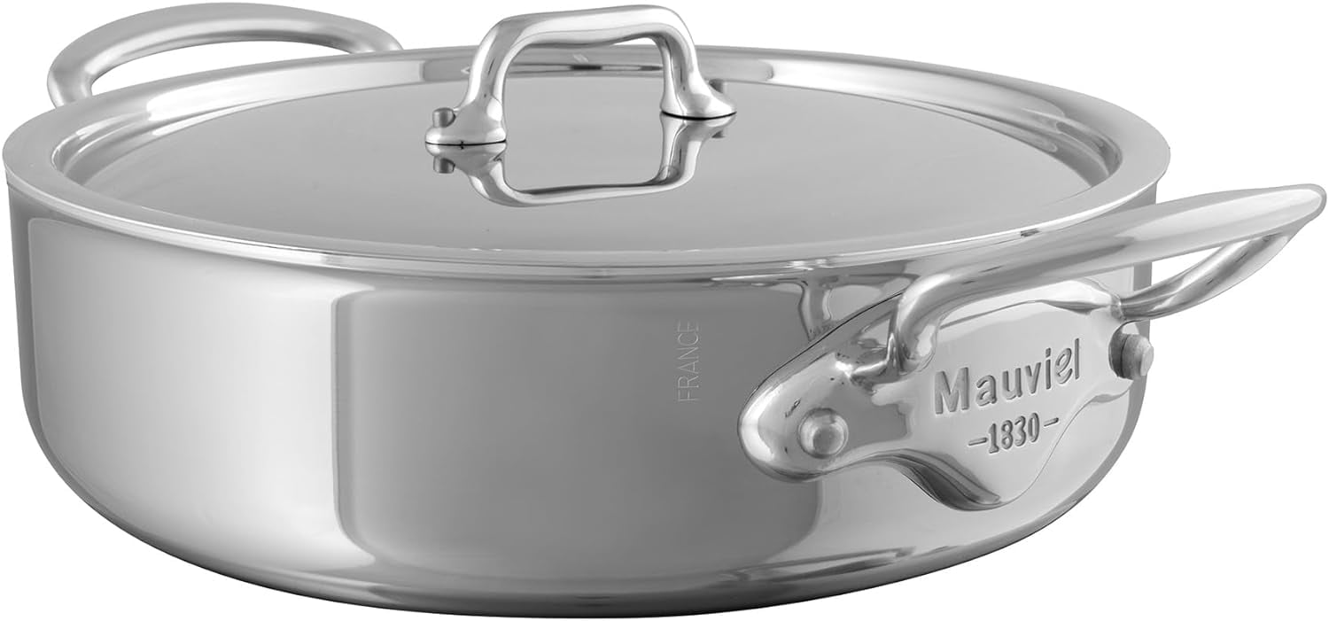 Mauviel M'Urban 4 Tri-Ply Polished Stainless Steel Rondeau With Lid And Cast Stainless Steel Handle, 3.2-Qt