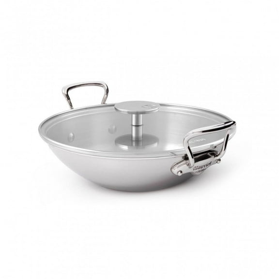 Mauviel M'cook Stainless Steel Wok with Lid, Cast Stainless Steel Handles, 12.6-in