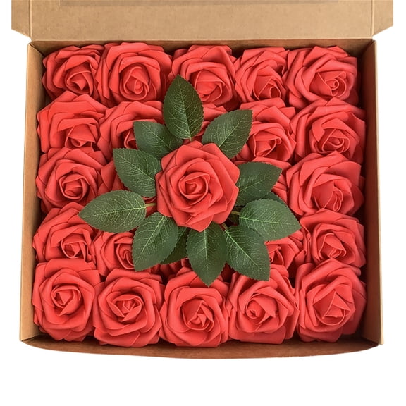 Mauxuk 25Pcs Artificial Roses, Realistic Foam Roses with Stems for Wedding Bouquet, Bridal Shower, Valentines Decor, Faux Floral Arrangement