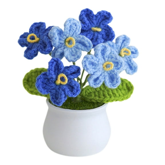 Mauxuk Handmade Crochet Flower Potted Plant - Blue Artificial Knitted Desk Decor for Home Office Car, No Maintenance Gift for Women, 4.33x3.94x3.94in