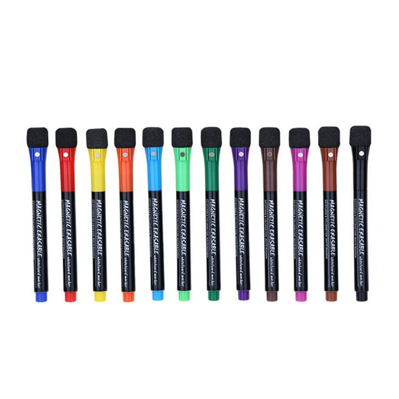 Mauxuk Magnetic Dry Erase Markers 12 Pack Fine Tip Whiteboard Markers with Built-In Eraser - Low Odor, Assorted Colors