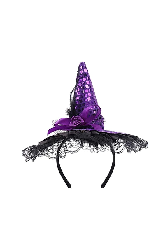 Witch Hat Headband for Halloween Costume, Elegant Lace & Sequins Hair Accessory, Bow Headband with Plume for Women (Purple, Red, Black, Orange, Gold)