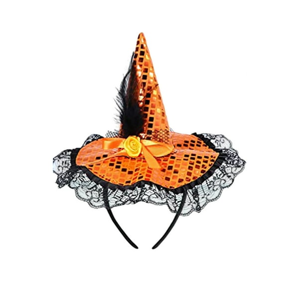 Mauxuk Witch Hat Headband for Halloween Costume, Elegant Lace & Sequins Hair Accessory, Bow Headband with Plume for Women (Purple, Red, Black, Orange, Gold)