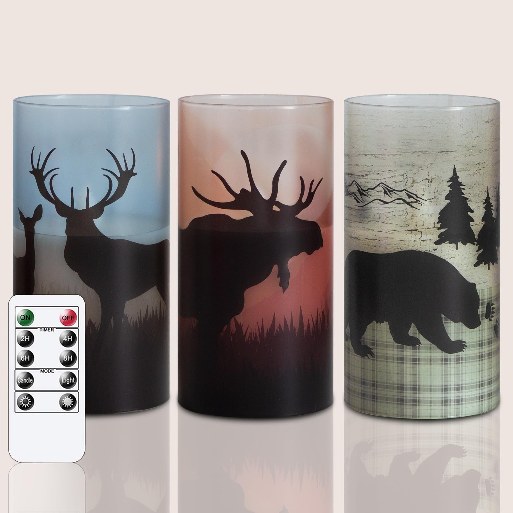 Mavandes 3pcs Flameless Led Real Glass Remote Candles with Deer Moose Bear Decal, 3 x 6 inches Flickering Battery Operated Timer Pillar Candles
