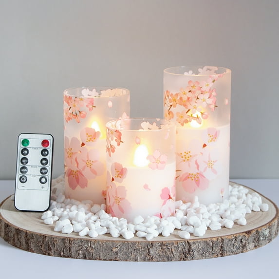 Mavandes Flameless Flickering Glass Candles with Remote and Timer,Cherry Blossoms Battery Operated LED Real Wax Set of 3 Realistic Wick Electric Pillar Candles(3 x 4, 5, 6 Inches)