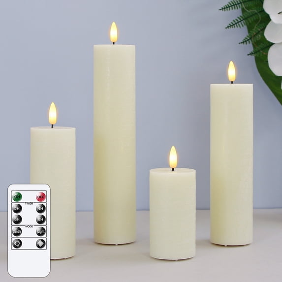Mavandes Flickering Flameless Pillar Candles with Remote Control and Cycle Timer,Ivory Pack of 4 Battery Operated LED Real Wax 3D-Wick Electric Candles