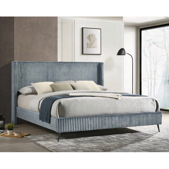 Mavela King Bed with Wide Wale Corduroy Upholstery in Blue