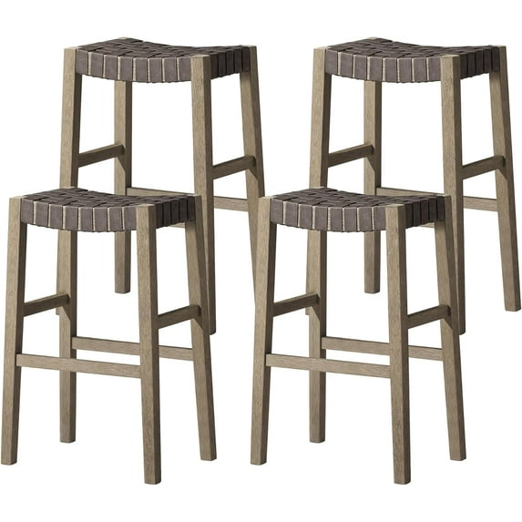 Maven Lane 31" Emerson Bar Height Stool - Weathered Grey Wood Finish & Ronan Stone Woven Vegan Leather Bar Stools - Backless Design Brings Rustic Elegance to Your Kitchen, Dining Area, set of 4
