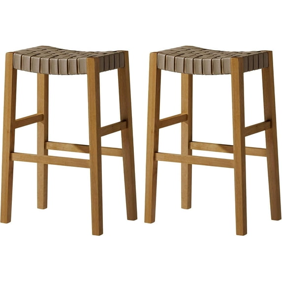 Maven Lane 31" Emerson Bar Height Stool - Weathered Natural Wood Finish & Avanti Bone Vegan Leather Bar Stools - Artisan Backless Design Brings Rustic Elegance to Your Kitchen, Dining Area, set of 2