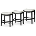 thumbnail image 1 of Maven Lane Adrien 26" Wood Counter Height Stool - Handcrafted Aged Black Finish with Snow White Fabric Upholstered Saddle Seat for Comfort - Barstool for Kitchen Islands, Dining Rooms, Set of 3, 1 of 7