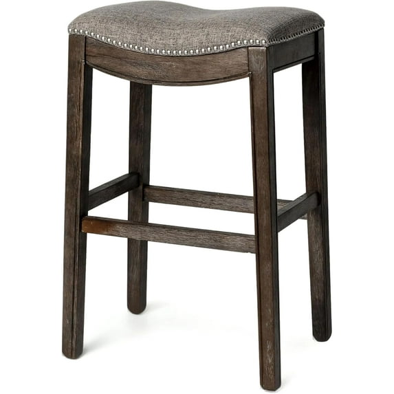 Maven Lane Adrien 26" Wood Counter Height Stool - Handcrafted Walnut Wood Finish with Grey Fabric Seat for Comfort - Durable Barstool for Kitchen Islands, Dining Rooms