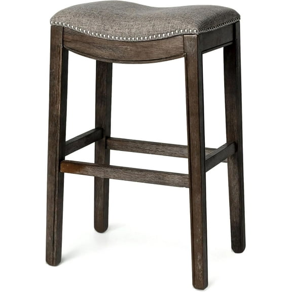 Maven Lane Adrien 26" Wood Counter Height Stool - Handcrafted Walnut Wood Finish with Grey Fabric Seat for Comfort - Durable Barstool for Kitchen Islands, Dining Rooms